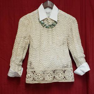 🍁Cream Colored Crochet Knit Long Sleeve Crew Neck Pull Over Sweater.